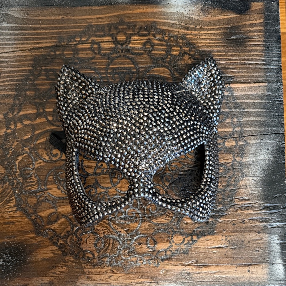 Elegant Black Rhinestone Cat Ear Face Mask - NEVER WORN - costume